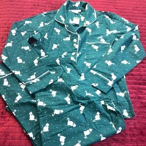 Laura Scott Deep Teal Flannel Pajama Set Cat 🐈 w Bow tie print